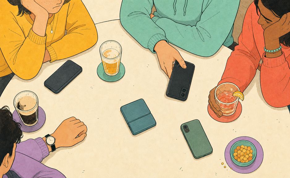 Four friends sit around a pub table with their phones turned over, waiting for something to happen.