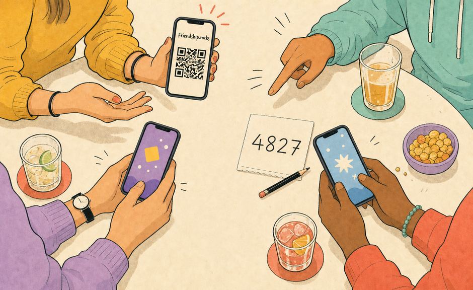 A friend holds up a phone with the Friendship.rocks QR code while the group gets ready to join.