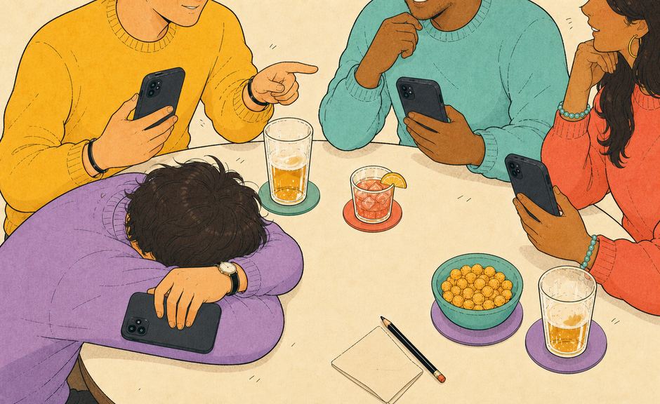 Four friends laugh around the pub table while one player rests their head between their arms.